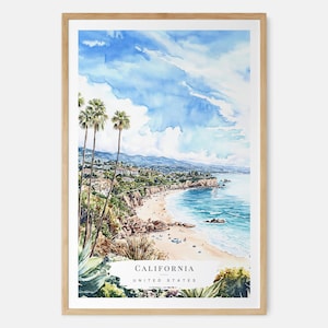 California Beach Watercolor Art Print - Laguna Beach Wall Art - USA Travel Print - Travel Gift - Moving Gift - New Home Gift