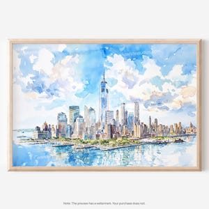 New York City Skyline Wall Art: Watercolor Digital Download for Easy Printing