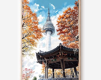 Arte mural de la Torre de Seúl: descarga digital de acuarela con colores otoñales y un pabellón