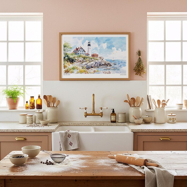 Portland Maine Lighthouse Watercolor Art Print: Coastal Landscape Wall Art image 5