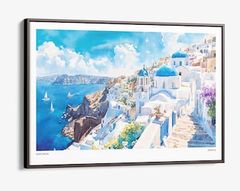 Santorini Blue Dome Church Canvas Print: Watercolor Seaside Art