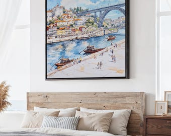 Porto Ribeira Canvas Print: Square Wall Art of Portugal’s Riverside in Watercolor Style
