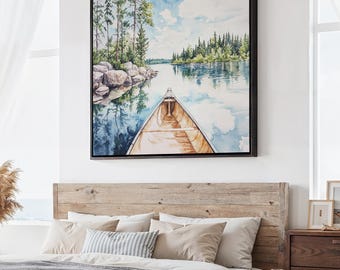 Boundary Waters Square Canvas Print: Canoe on the Lake Landscape Wall Art in Watercolor Style