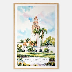 Stampa artistica ad acquerello della Torre di San Diego, California, poster del Balboa Park, arte murale della California, stampa di viaggio negli Stati Uniti, regalo per trasloco, regalo per una nuova casa