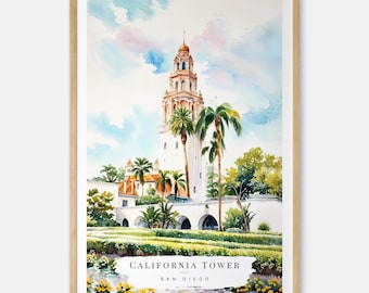 San Diego California Tower Watercolor Art Print, Balboa Park Poster, California Wall Art, USA Travel Print, Moving Gift, New Home Gift