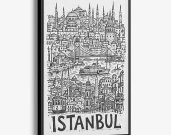Istanbul Pencil-Style Canvas Print: Minarets, Bosphorus Ferries and Hillside Rooftops Wall Decor