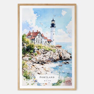 Portland Maine Art Print, aquarel vuurtorenkunst, kustmuurdecor, cadeau voor reizigers, Maine Home Decor, Beach House Print