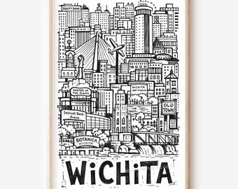 Wichita City Printable Wall Art: Pencil-Style Skyline Digital Download
