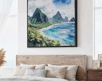 American Samoa Square Canvas Print: Tropical Landscape Wall Art in Watercolor Style