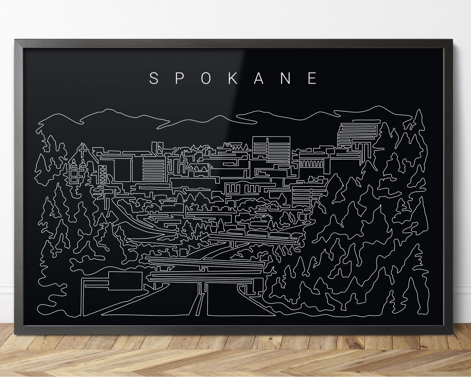 Framed Spokane Art Print Spokane Skyline Wall Art Spokane Etsy