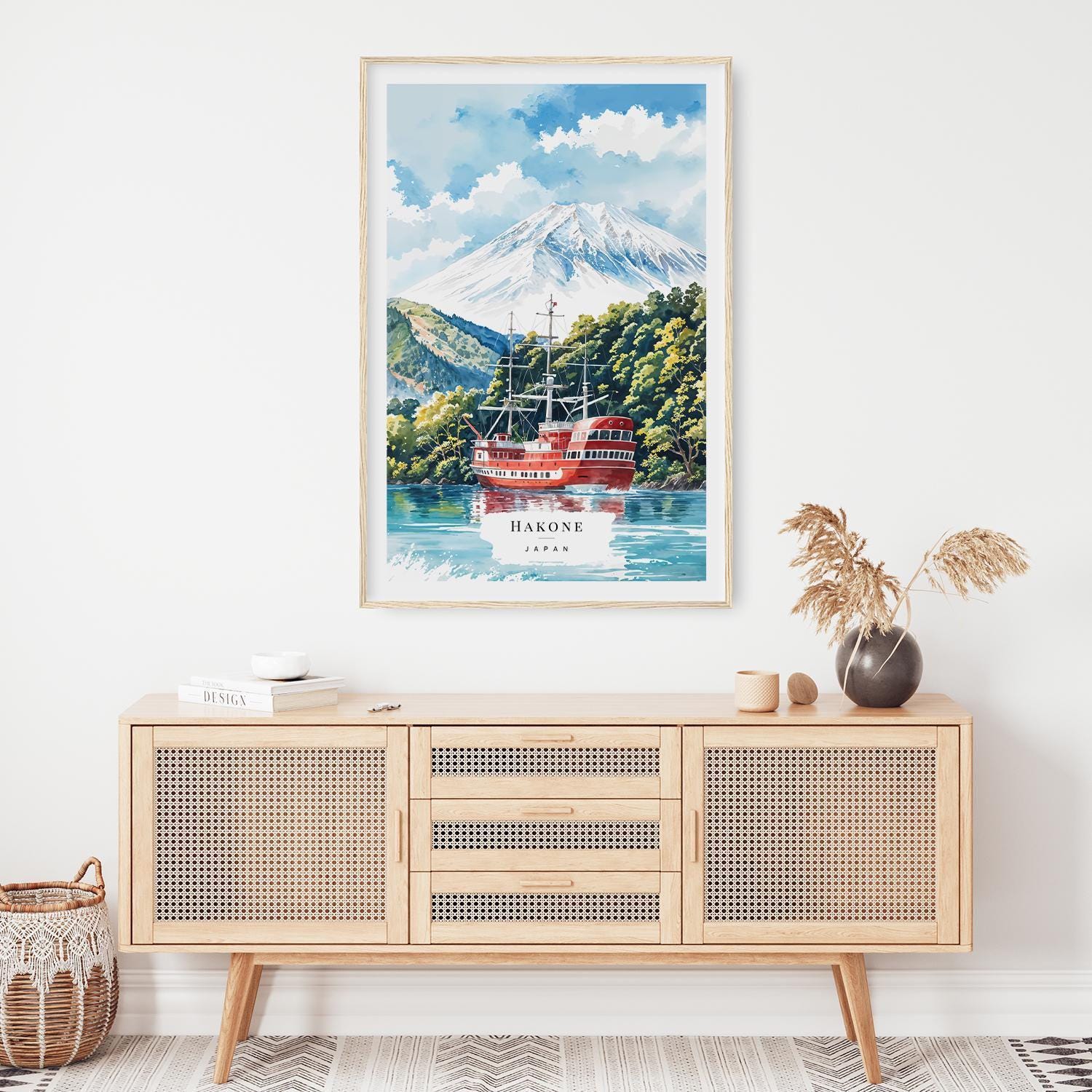 富士山と象徴的な海賊船を描いた箱根の水彩画アートプリント - 日本