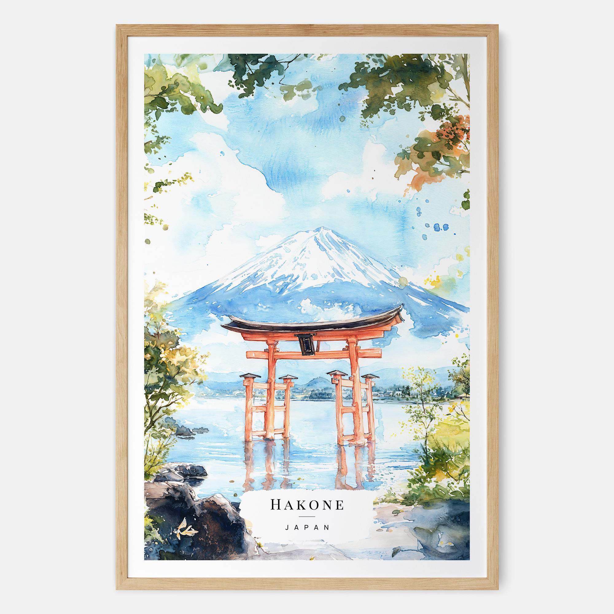 Hakone Watercolor Art Print With Torii Gate and Mount Fuji - Japan