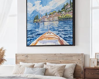 Lake Como Square Canvas Print: Italian Waterfront Art in Watercolor Style