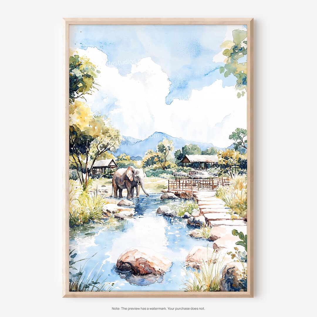 チェンマイ象保護区の壁アート：水彩画風デジタルダウンロードですぐに 水彩画 象タイチェンマイSHO