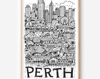 Perth Pencil-Style Printable Wall Art: Skyline, Lighthouse and Gabled Houses Digital Download