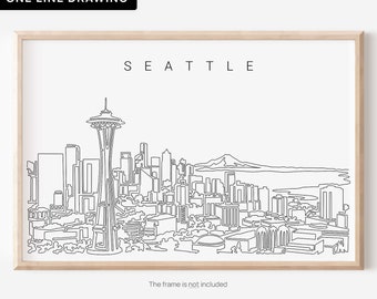 Seattle Art Print - Seattle Wall Art with Skyline One Line Drawing - Great Home Decor Gift for New Home or Office