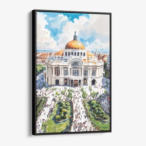 Impression sur toile Palacio de Bellas Artes : aquarelle représentant la ville de Mexico