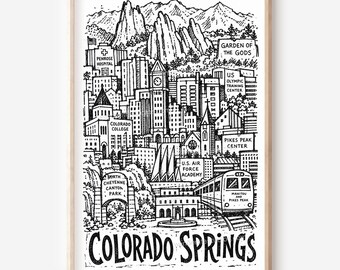 Illustrations imprimables style crayon de Colorado Springs : panorama de la ville et monuments (téléchargement numérique)