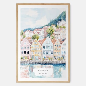 Cozy Bergen Norway Watercolor Art Print - Charming Scandinavian Houses Wall Art - Norway Travel Print - Travel Gift - Moving Gift