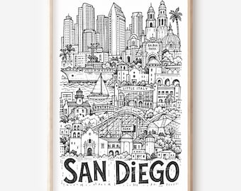 San Diego Pencil-Style Printable Wall Art: City Skyline Digital Download