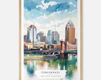 Cincinnati Watercolor Art Print, Cincinnati Skyline Poster, Cincinnati Wall Art, USA City Print, Travel Gift, Moving Gift, New Home Gift