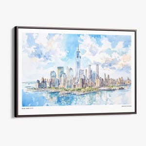 New York City Skyline Canvas Print: Framed Watercolor Cityscape Art