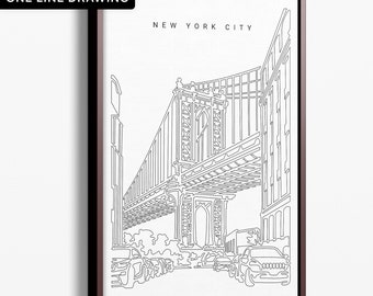 NYC Canvas Wall Art with Manhattan Bridge as One Line Drawing - Great Wall Decor Gift for New Home or Office