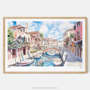 May include: Watercolor painting of a Venetian canal scene with buildings, boats, and a bridge. The artwork features a wooden frame and the word "Venice" at the bottom left. The sky is blue with white clouds.