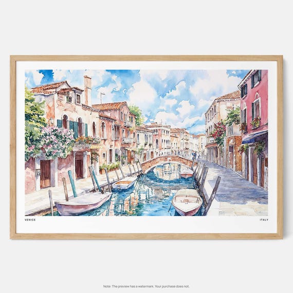 ベネチアの運河の水彩画プリント – 鮮やかなイタリアの風景の壁飾り
