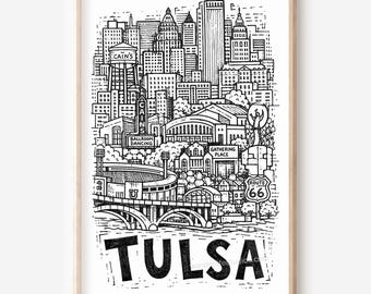 Tulsa City Pencil-Style Printable Art: Skyline and Landmarks Digital Download