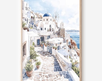 Santorini Blue Dome Wall Art: Digital Download of Greek Village Watercolor Art