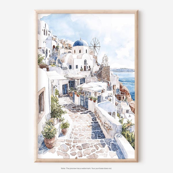 Arte mural de cúpula azul de Santorini: Descarga digital de acuarela de un pueblo griego