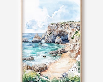 Algarve Portugal Wall Art: Coastal Scene Watercolor Digital Download