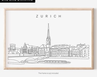 Zurich City Art Print - Switzerland Poster with Zurich Cityscape as Single Line Art - Great Wall Decor Gift for Moving or New Home Owners