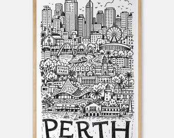 Perth Pencil-Style Art Print: Kings Park, Swan River Ferry and Ferris Wheel Wall Decor
