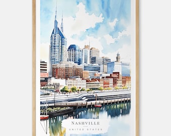 Nashville Skyline Aquarell Kunstdruck - Nashville Tennessee Stadt Wandkunst - USA Reise - Reisegeschenk - Umzugsgeschenk - Geschenk für ein neues Zuhause