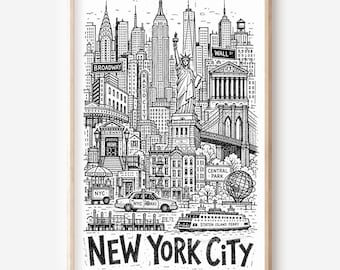 Illustration imprimable de New York au style crayon : silhouette de la ville (téléchargement numérique)