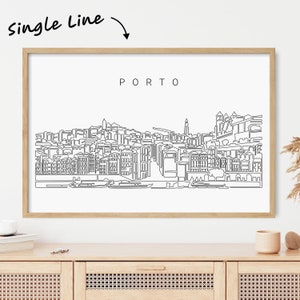 Framed Porto Art Print - Portugal Wall Art with Porto City Landscape as One Line Drawing - Great Wall Decor Gift for New Home