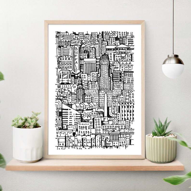 Abstract Buffalo NY Art Print - Hand-drawn Buffalo NY City Drawing in unique Line Art Style - Great Home Decor Gift image 2
