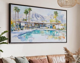 Palm Springs Watercolor Panorama Canvas Print: Midcentury Poolside Wall Art