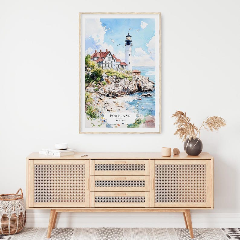 Portland Maine Art Print, Watercolor Lighthouse Art, Coastal Wall Decor, Gift for Travelers, Maine Home Decor, Beach House Print image 3
