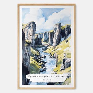 Stampa del canyon di Fjadrargljufur, decorazione murale islandese, paesaggio acquerello, decorazione naturalistica, regalo da viaggio, arredamento scandinavo per la casa