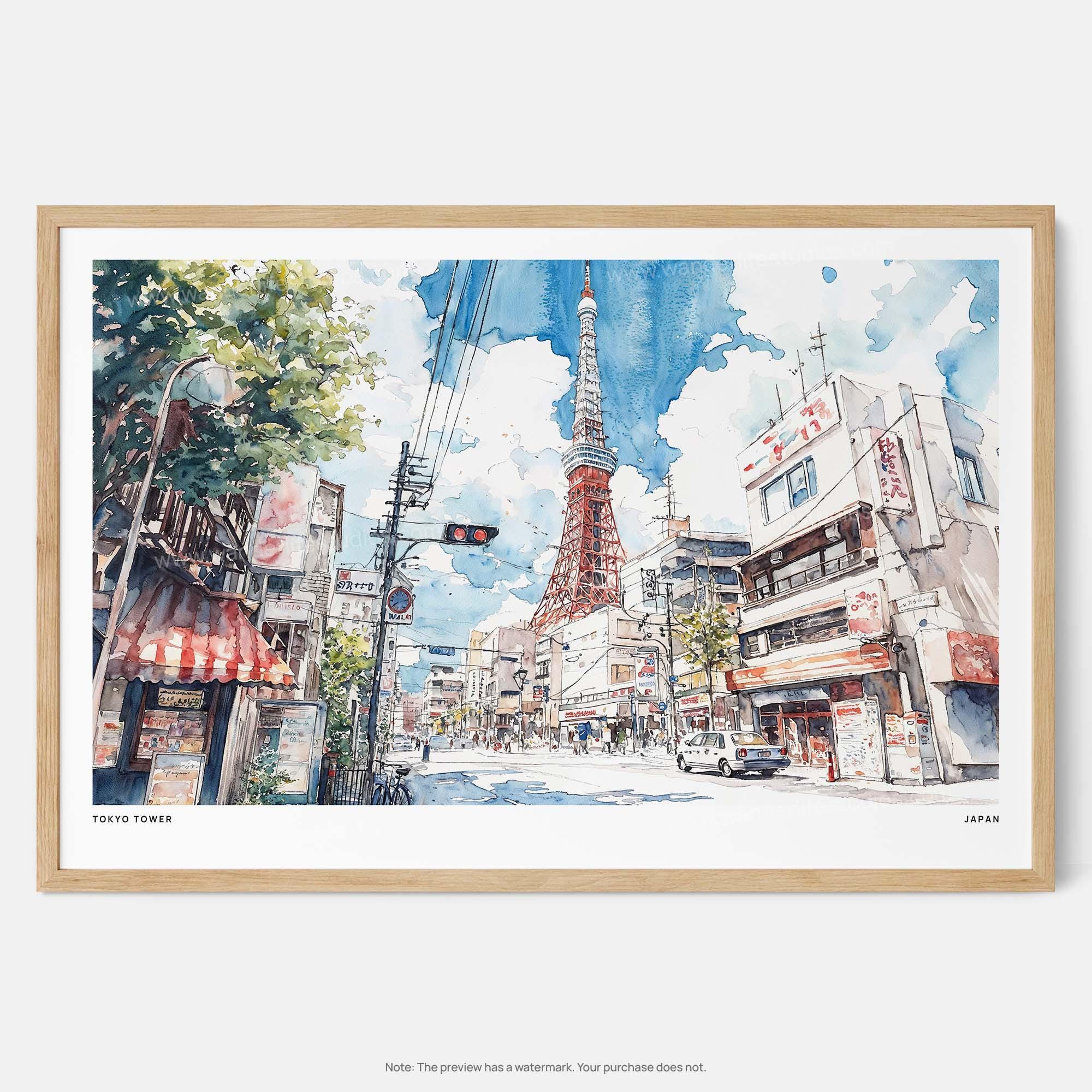 東京タワーの水彩画アートプリント：日本の都市景観の壁掛けアート
