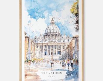 Impression d'art aquarelle du Vatican - art mural Rome - cadeau de voyage en Italie - cadeau de déménagement - cadeau maison neuve - cadeau de pendaison de crémaillère