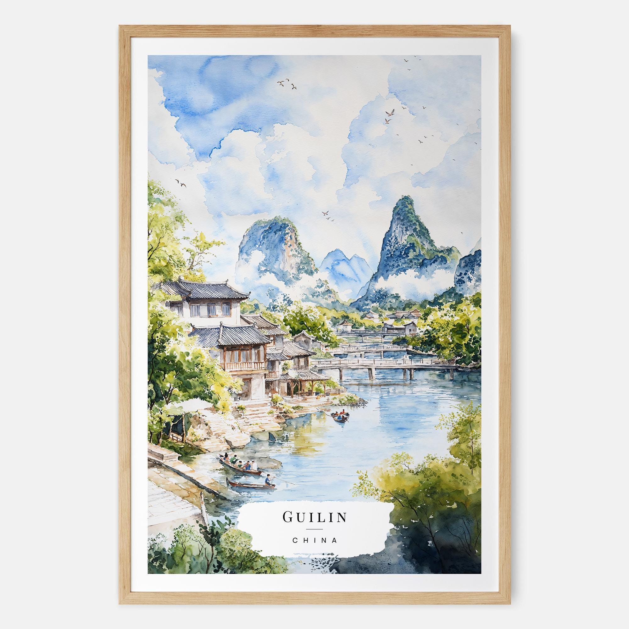 桂林水彩画、中国風景画、旅行壁画、風景装飾、自然画、中国ギフト