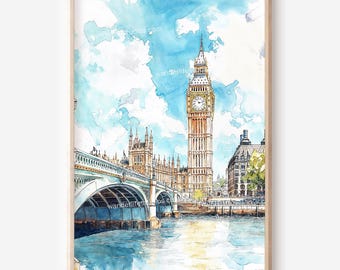 Decoración de pared del Big Ben de Londres: Descarga digital estilo acuarela para impresión instantánea.