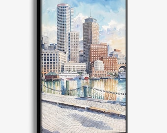 Boston Harbor Canvas Print: Watercolor Cityscape Wall Art
