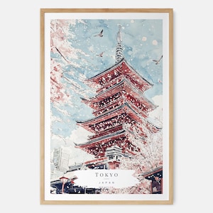 Impression d&#39;art aquarelle de Tokyo avec pagode et fleurs de cerisier - Art mural Tokyo - Cadeau de voyage au Japon - Cadeau de déménagement - Cadeau pour une nouvelle maison