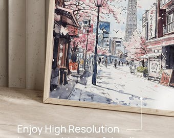 値下げ 水彩画 「Tokyo City 」N.Kizuka 額装 値下げ 水彩画 「Tokyo