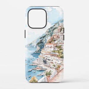 Positano Italy Phone Case with Coastal Watercolor Art, Italy Travel Gift, Travel Art Phone Cover, Travel Lover Gift, Europe Travel Gift afbeelding 1